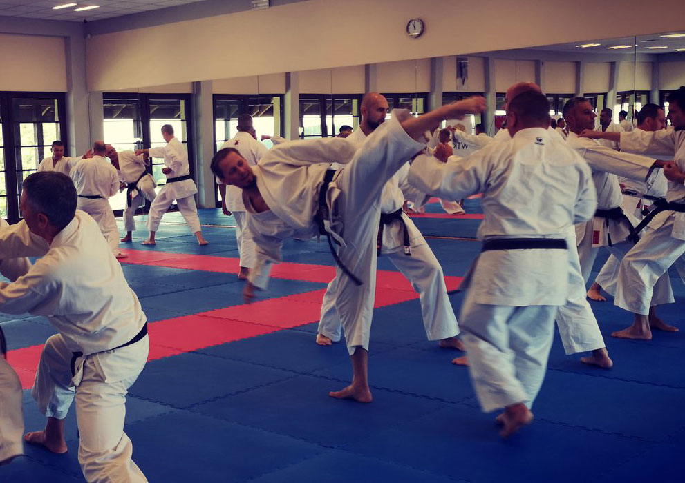 Darek Ścisło wykonuje ura mawashi geri podczas obozu karate